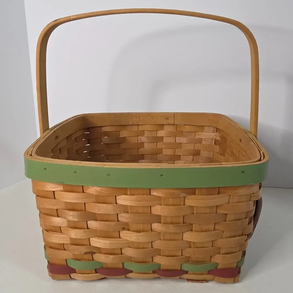Woven Basket Apple Design Wooden Handle Farmhouse Decor